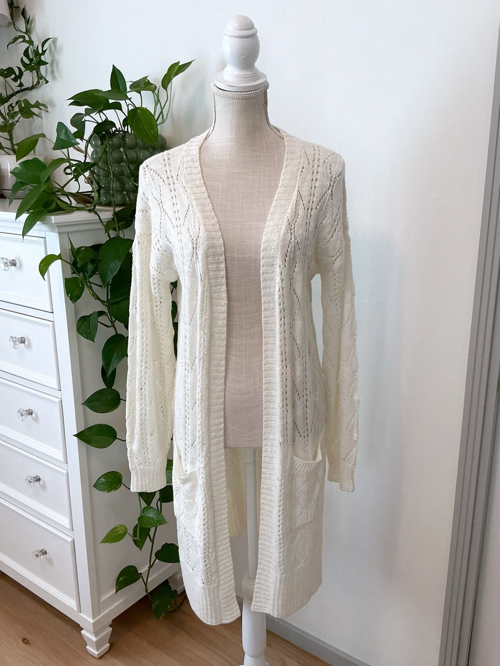 Pink Rose | Cream Knit Lightweight Cardigan Longline Sweater size L